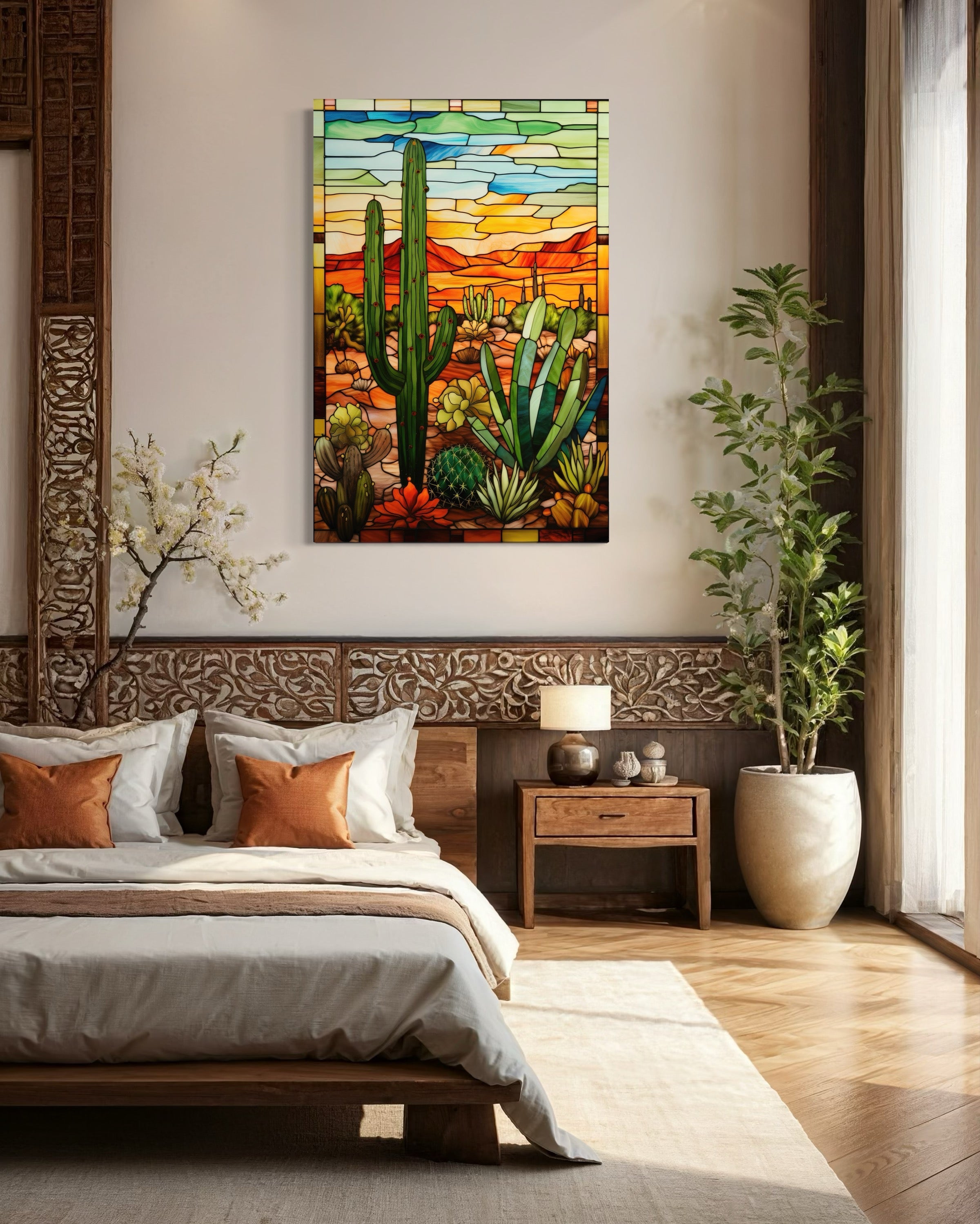 Saguaro Cactus Stained Glass Style Framed Canvas Wall Art