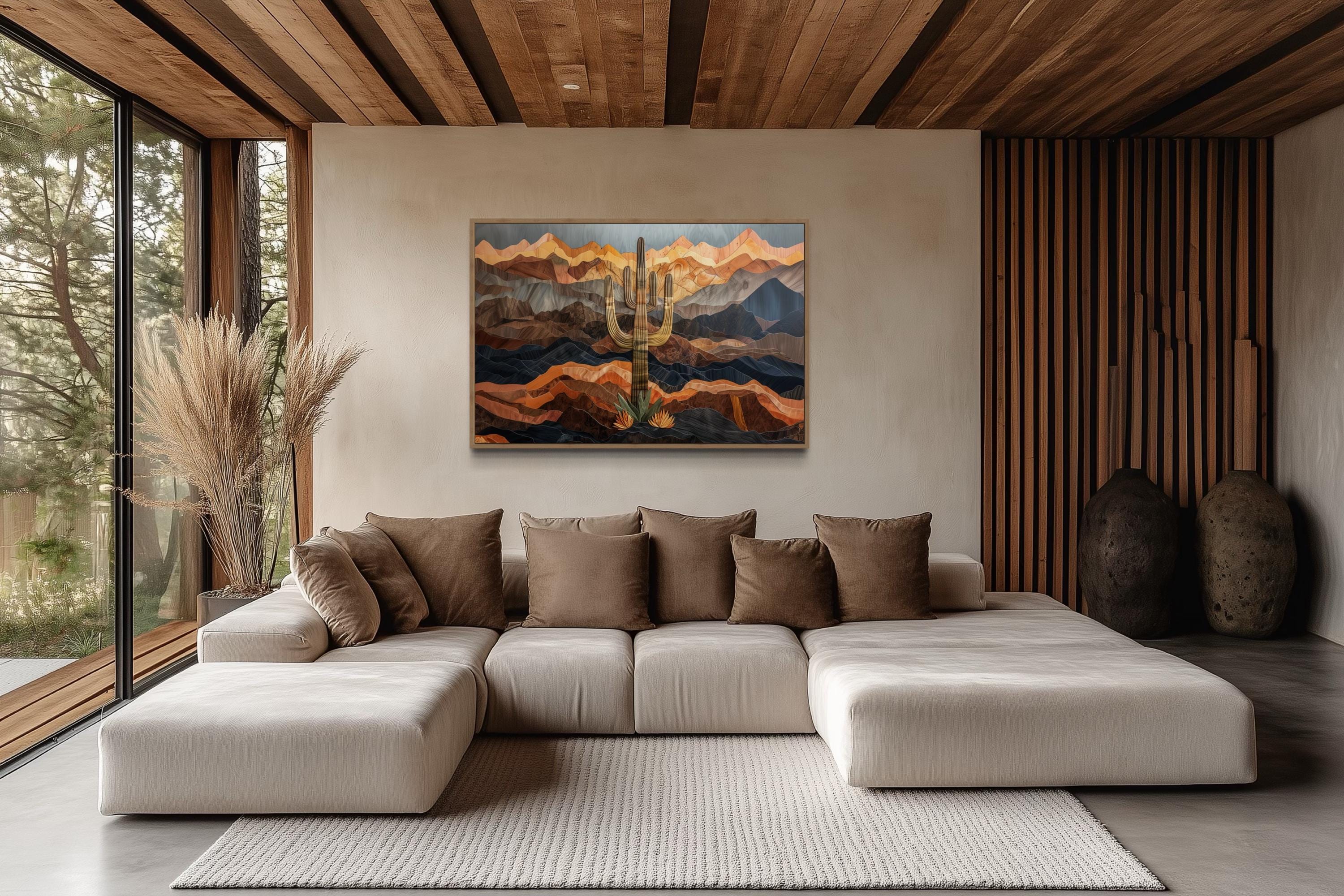 Saguaros Cactus In The Desert Framed Canvas Wall Art
