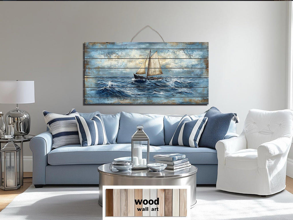 Sailboat On Ocean Waves Distressed Wood Wall Art