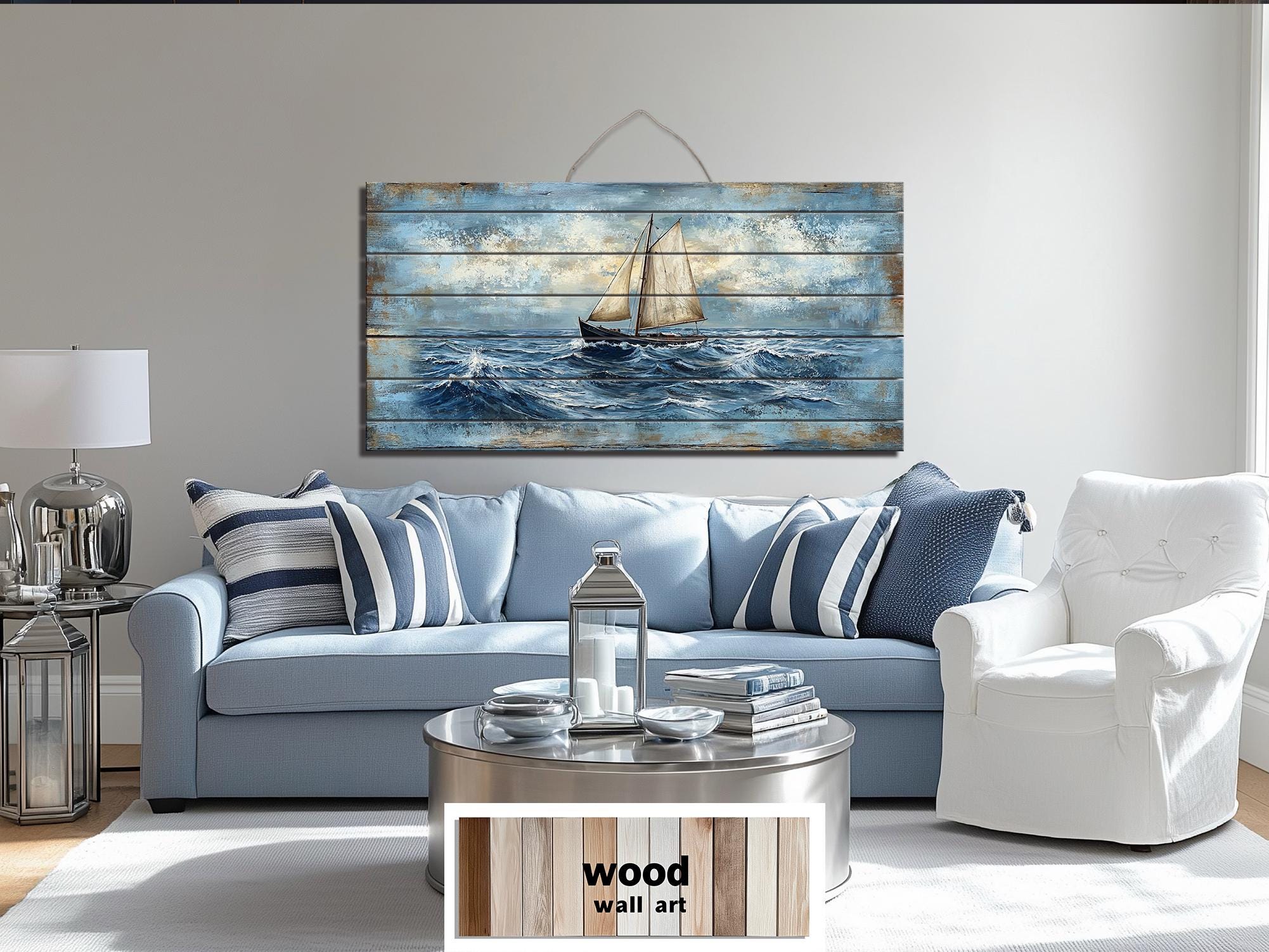 Sailboat On Ocean Waves Distressed Wood Wall Art