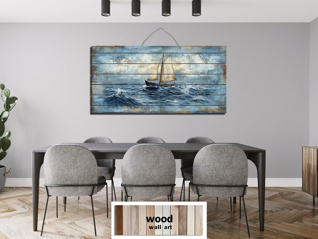 Sailboat On Ocean Waves Distressed Wood Wall Art