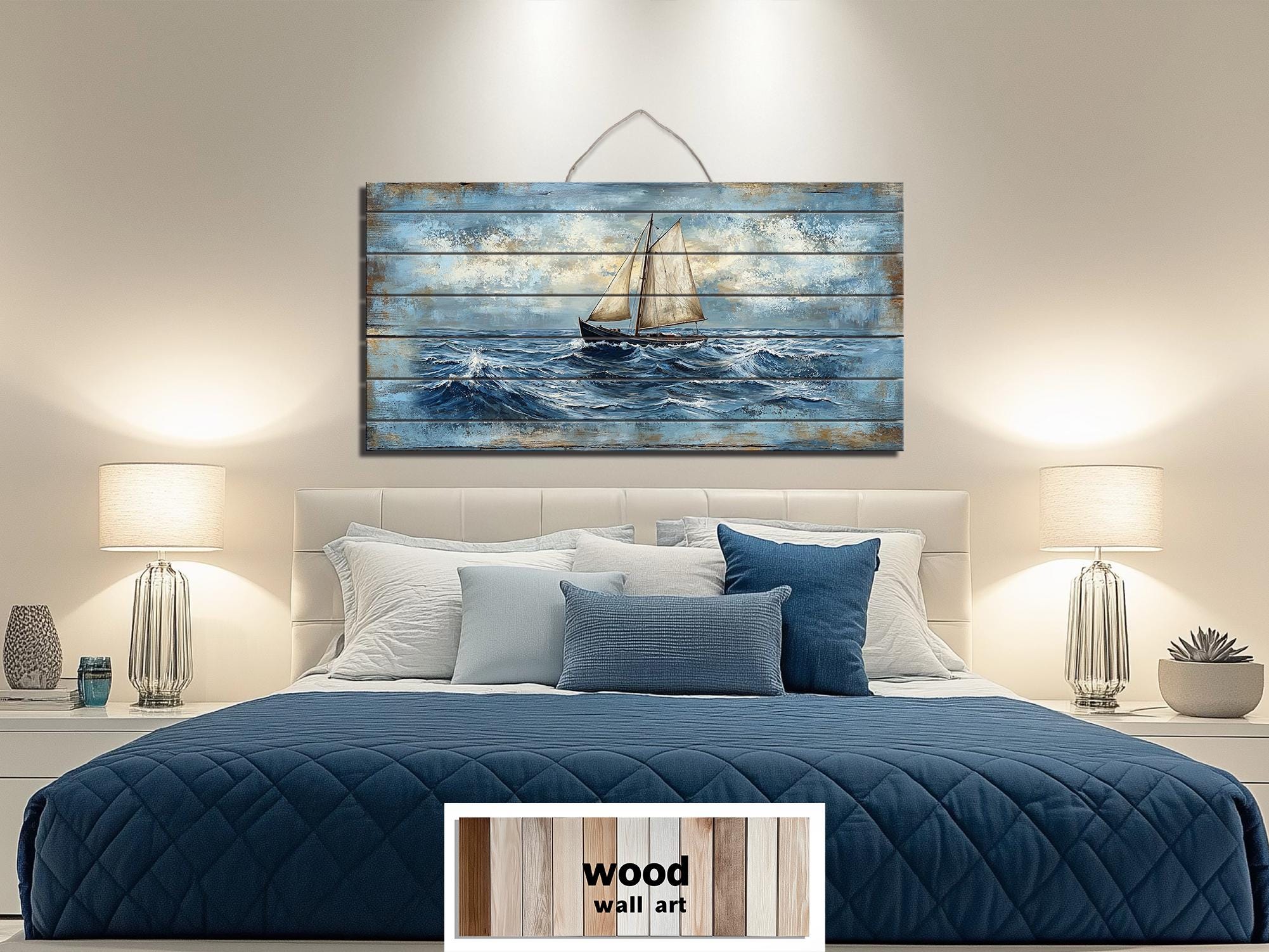 Sailboat On Ocean Waves Distressed Wood Wall Art