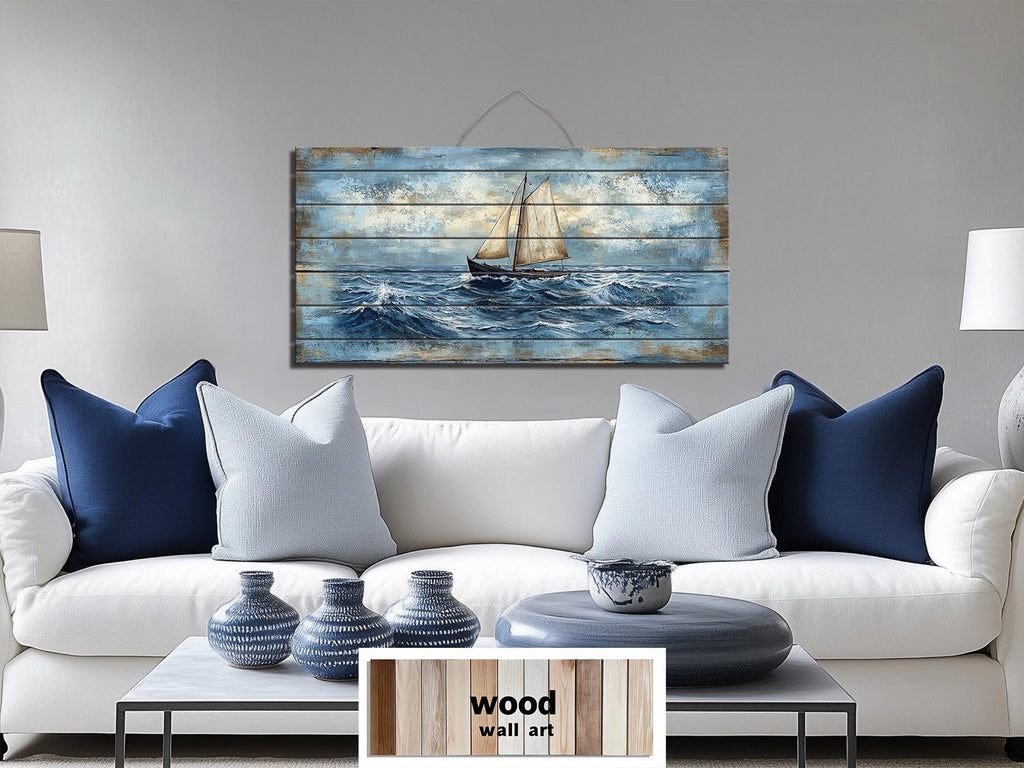 Sailboat On Ocean Waves Distressed Wood Wall Art