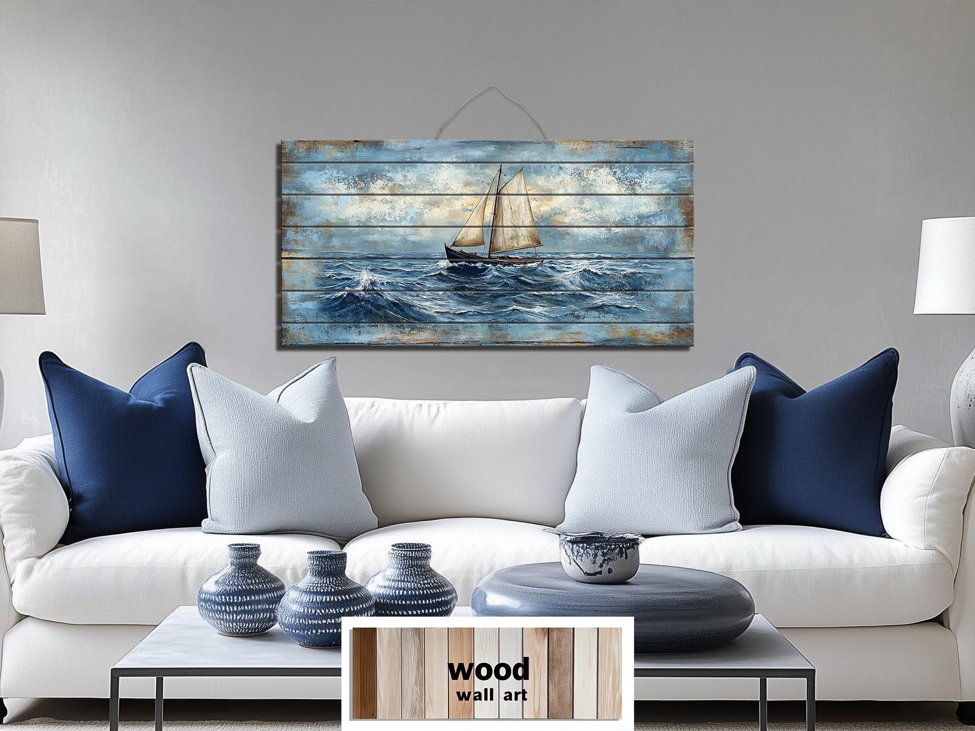 Sailboat On Ocean Waves Distressed Wood Wall Art