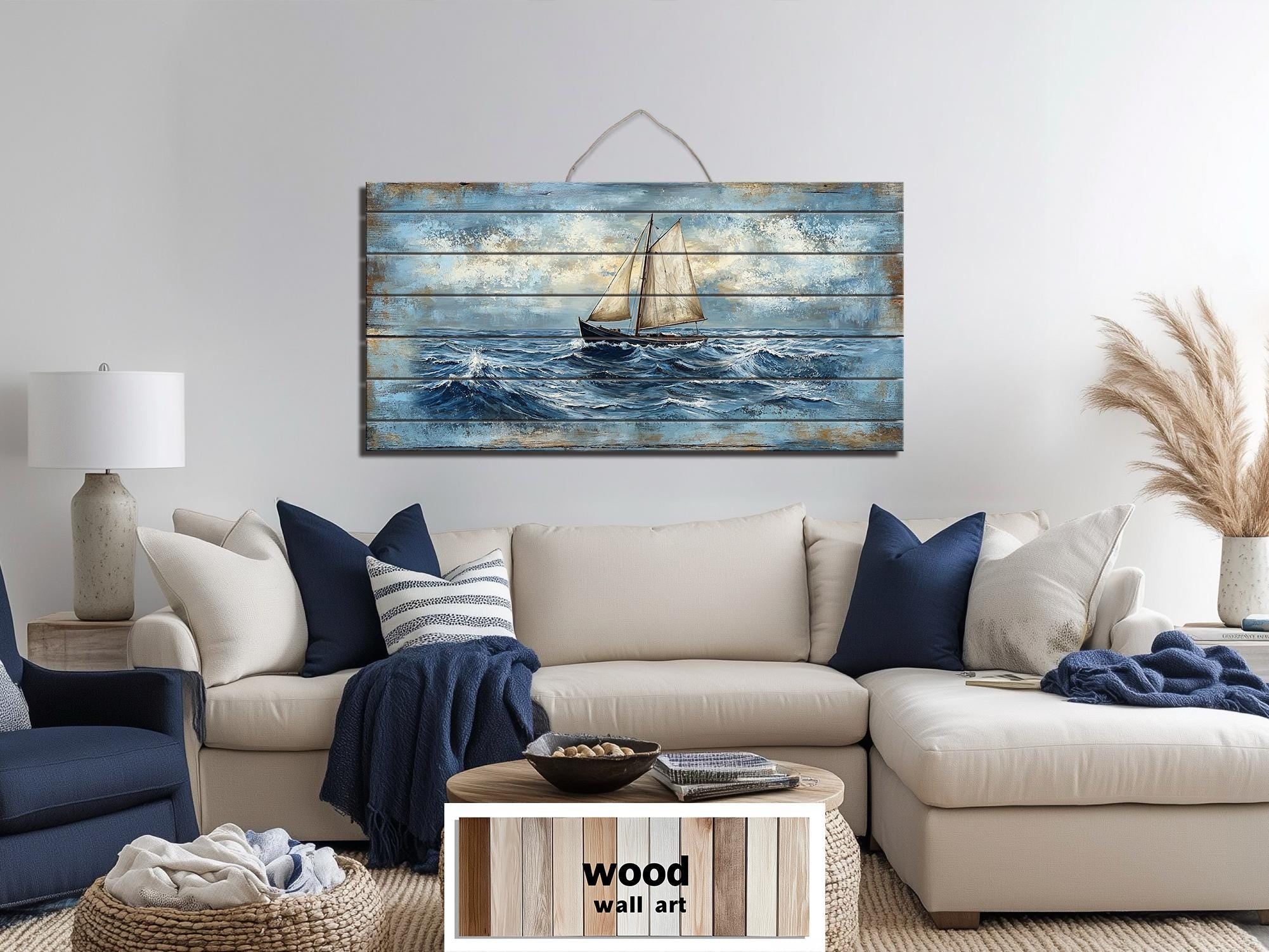 Sailboat On Ocean Waves Distressed Wood Wall Art