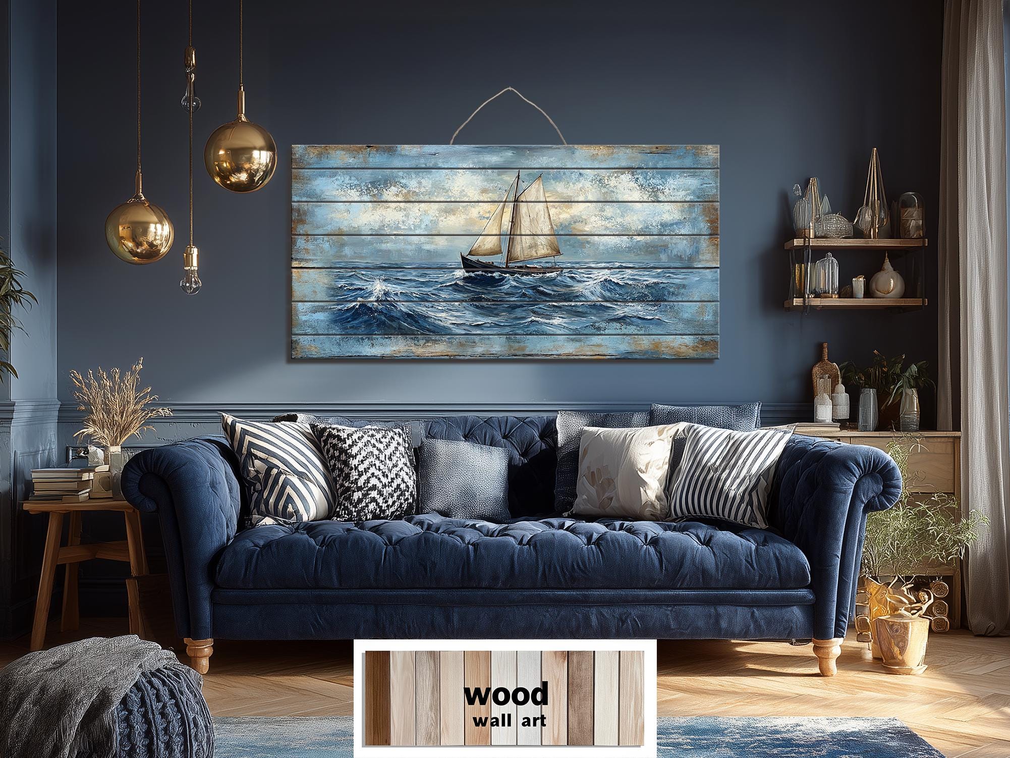 Sailboat On Ocean Waves Distressed Wood Wall Art
