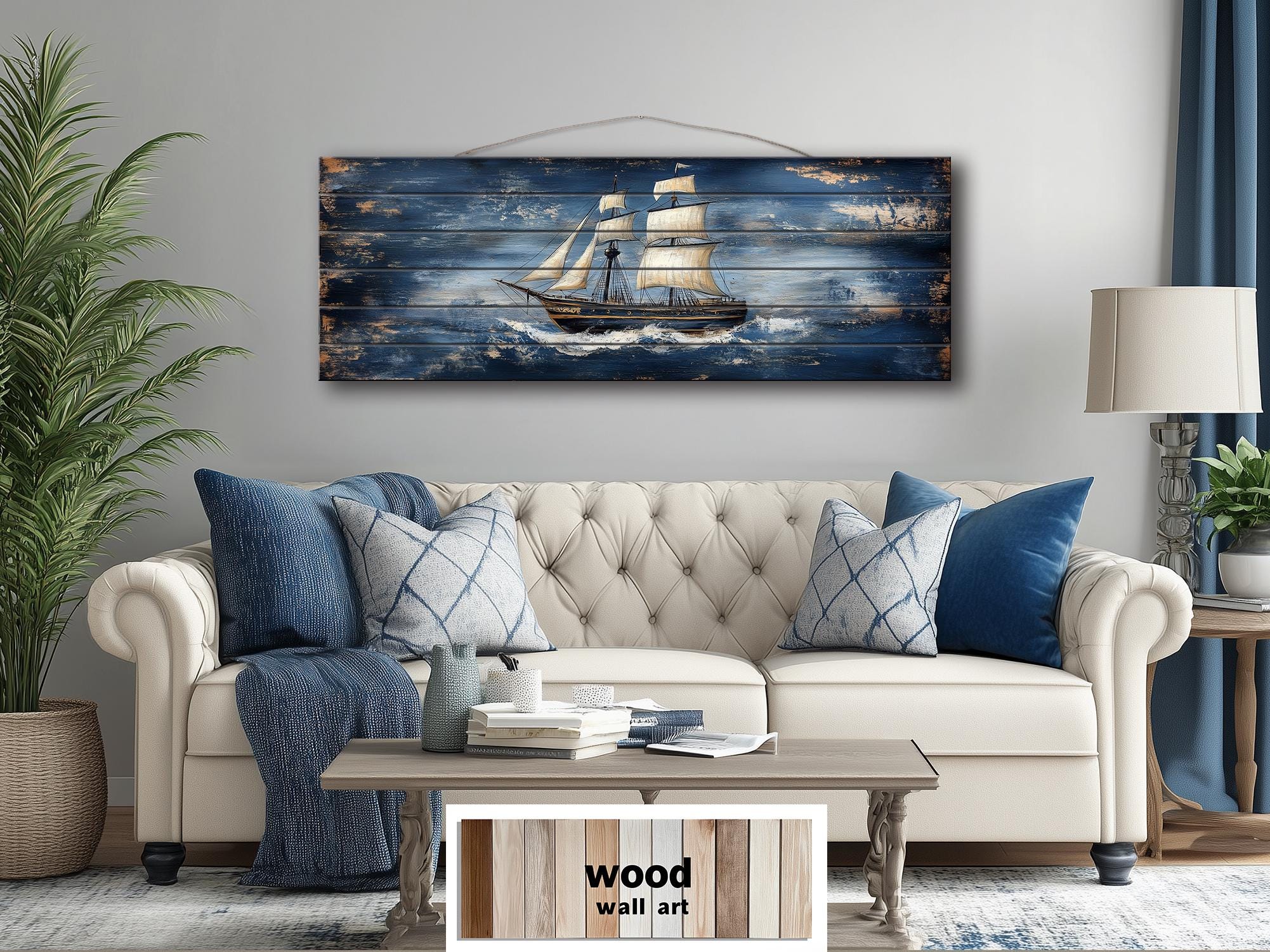 Sailing Ship Nautical Long Narrow Distressed Wood Wall Art