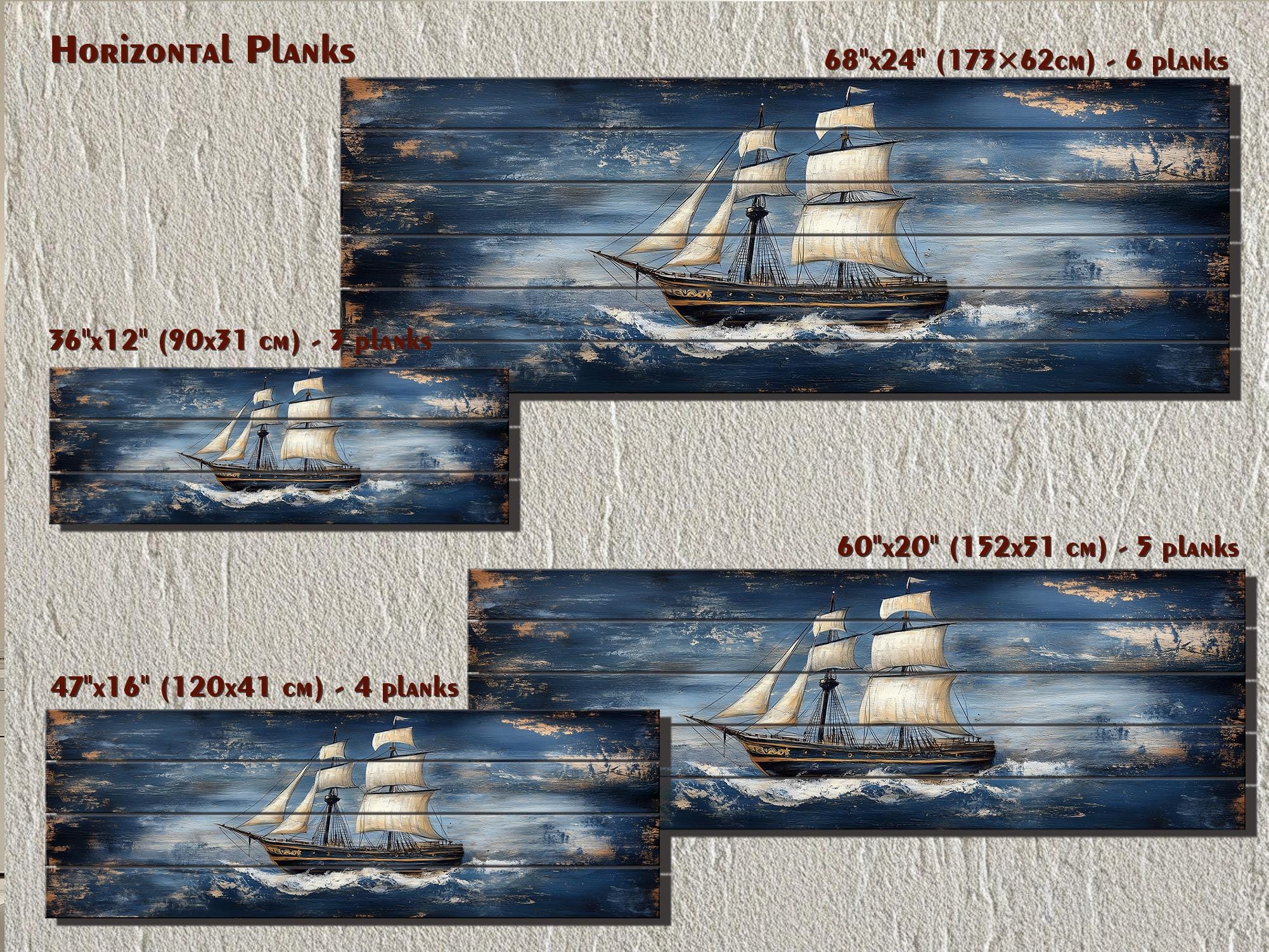 Sailing Ship Nautical Long Narrow Distressed Wood Wall Art