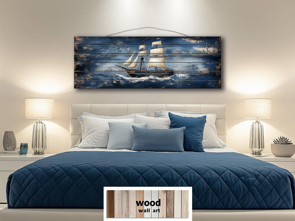 Sailing Ship Nautical Long Narrow Distressed Wood Wall Art