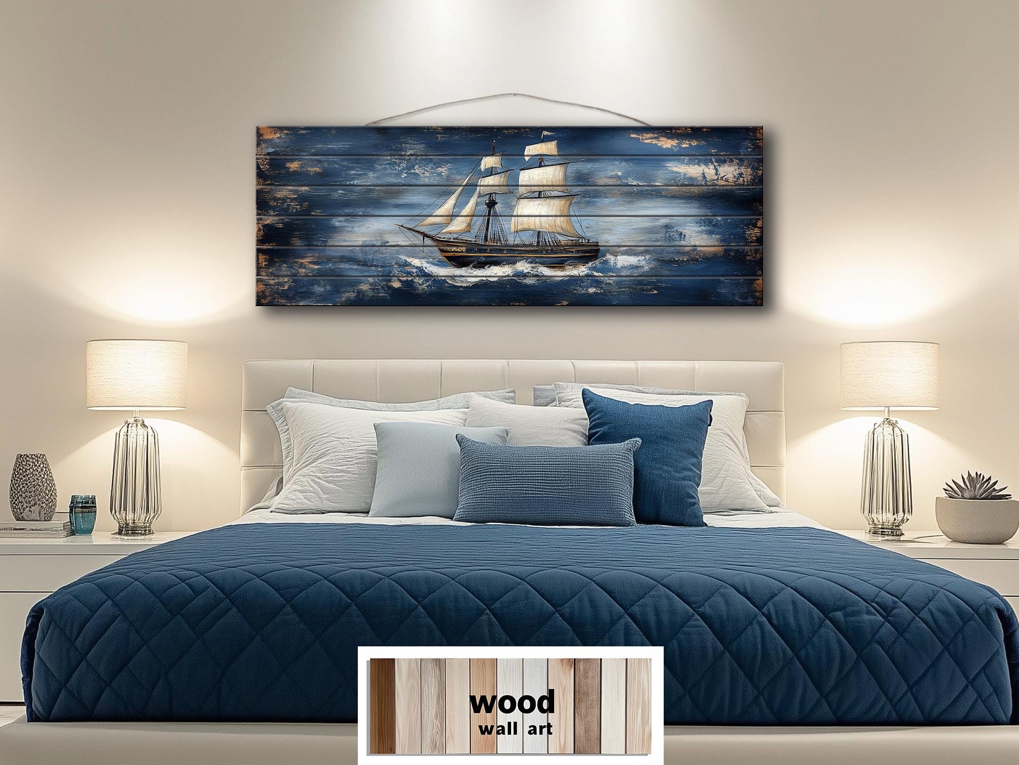 Sailing Ship Nautical Long Narrow Distressed Wood Wall Art