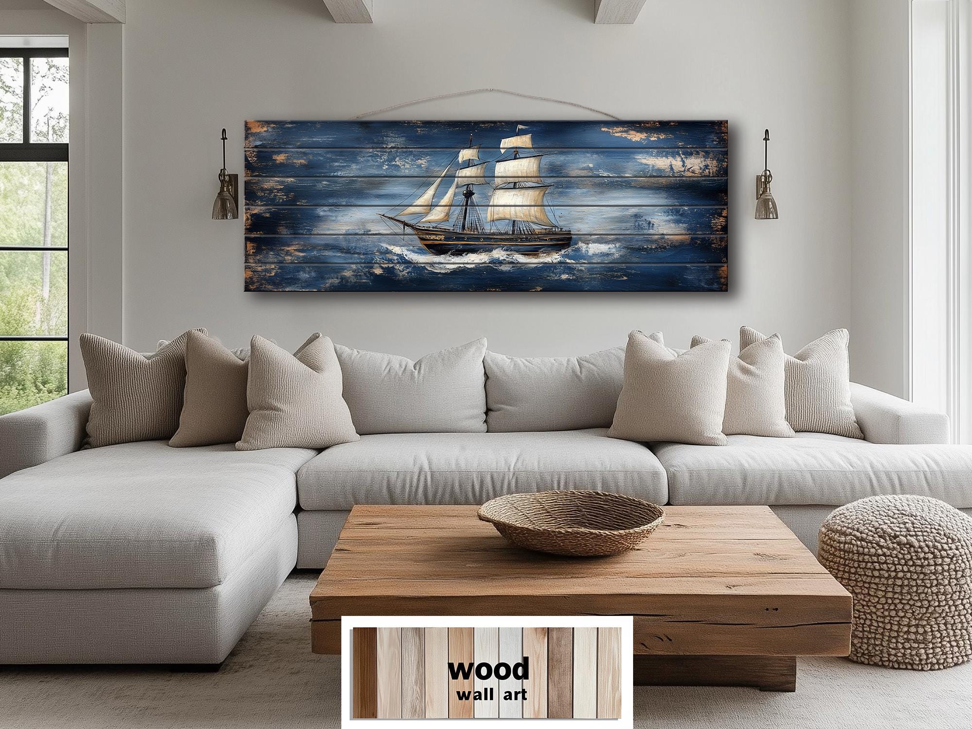 Sailing Ship Nautical Long Narrow Distressed Wood Wall Art