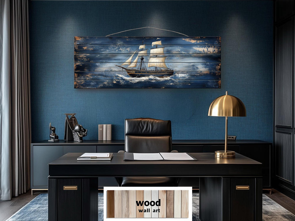 Sailing Ship Nautical Long Narrow Distressed Wood Wall Art