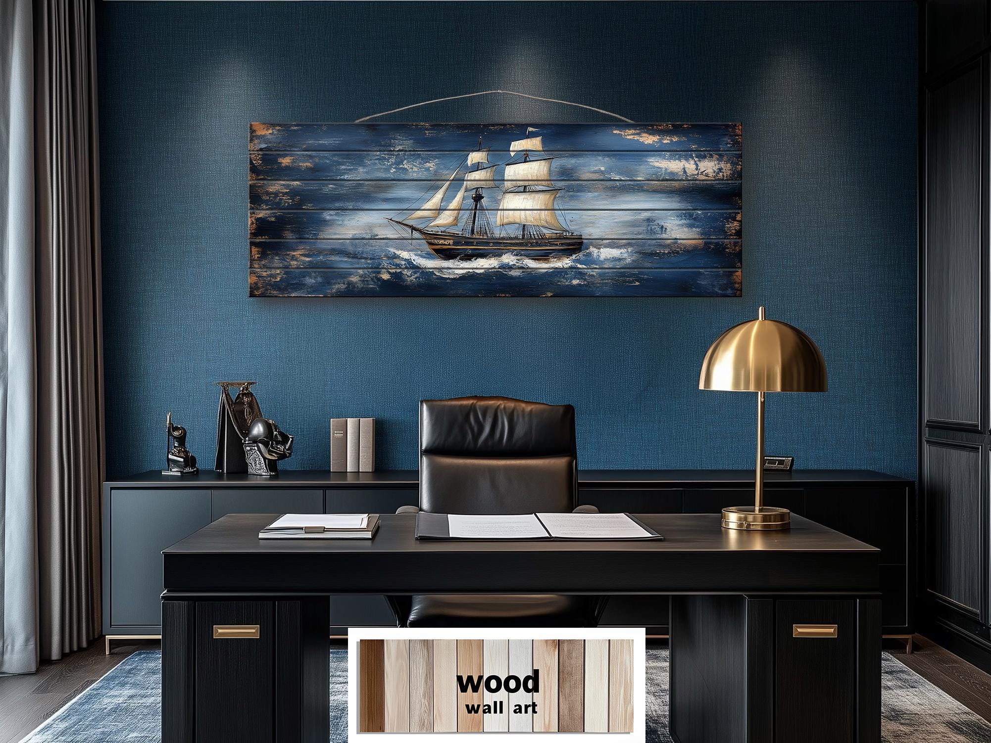 Sailing Ship Nautical Long Narrow Distressed Wood Wall Art