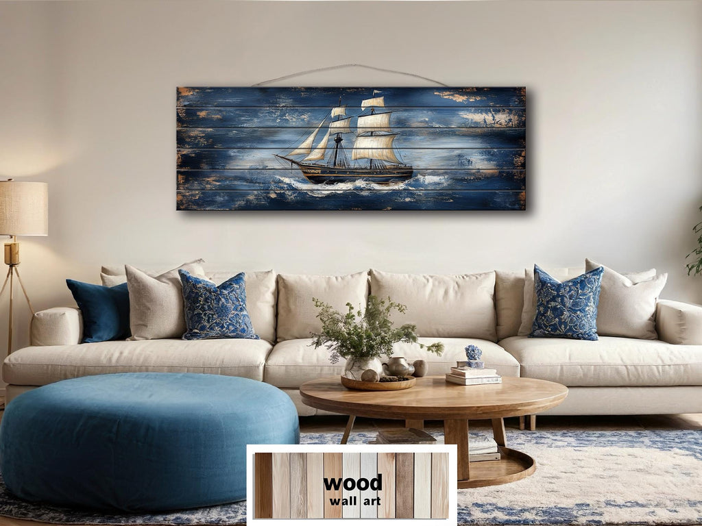 Sailing Ship Nautical Long Narrow Distressed Wood Wall Art
