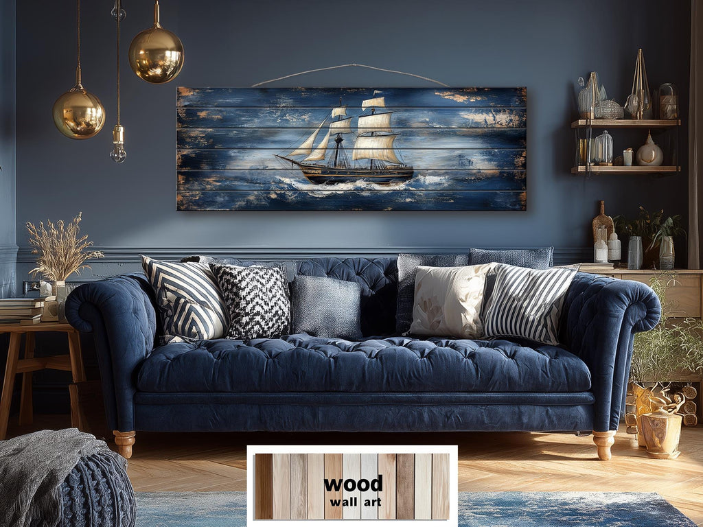 Sailing Ship Nautical Long Narrow Distressed Wood Wall Art