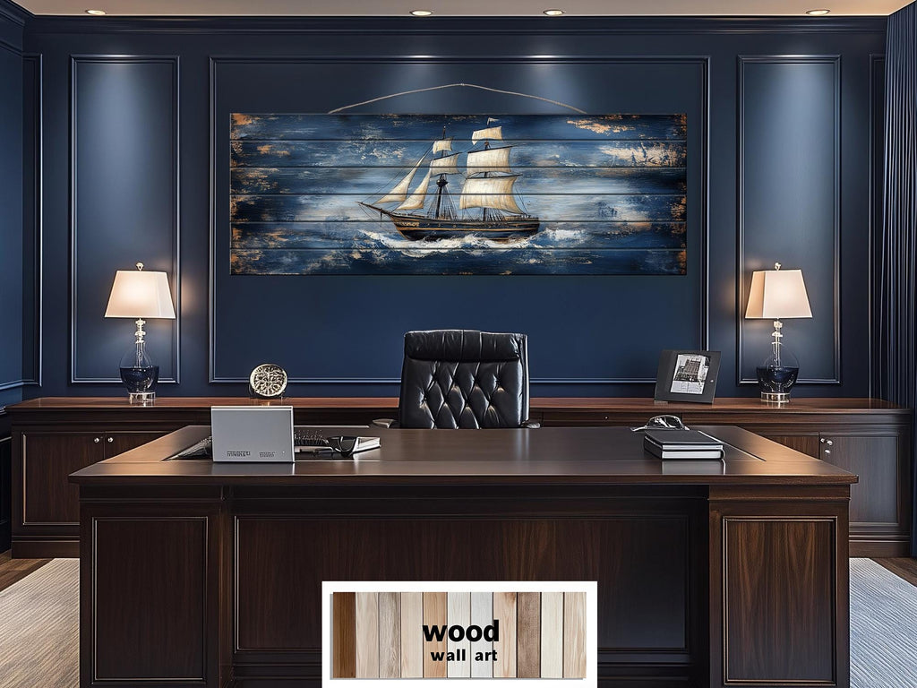 Sailing Ship Nautical Long Narrow Distressed Wood Wall Art