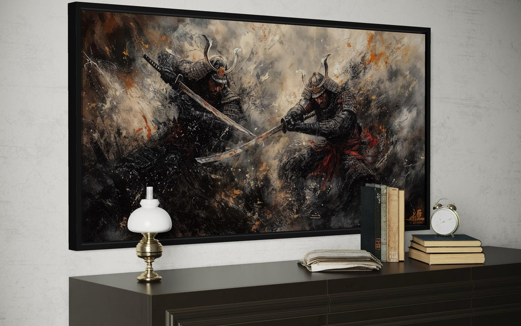 Samurai Duel Wall Art - Japanese Warrior Canvas with Dark Dramatic Battle Scene