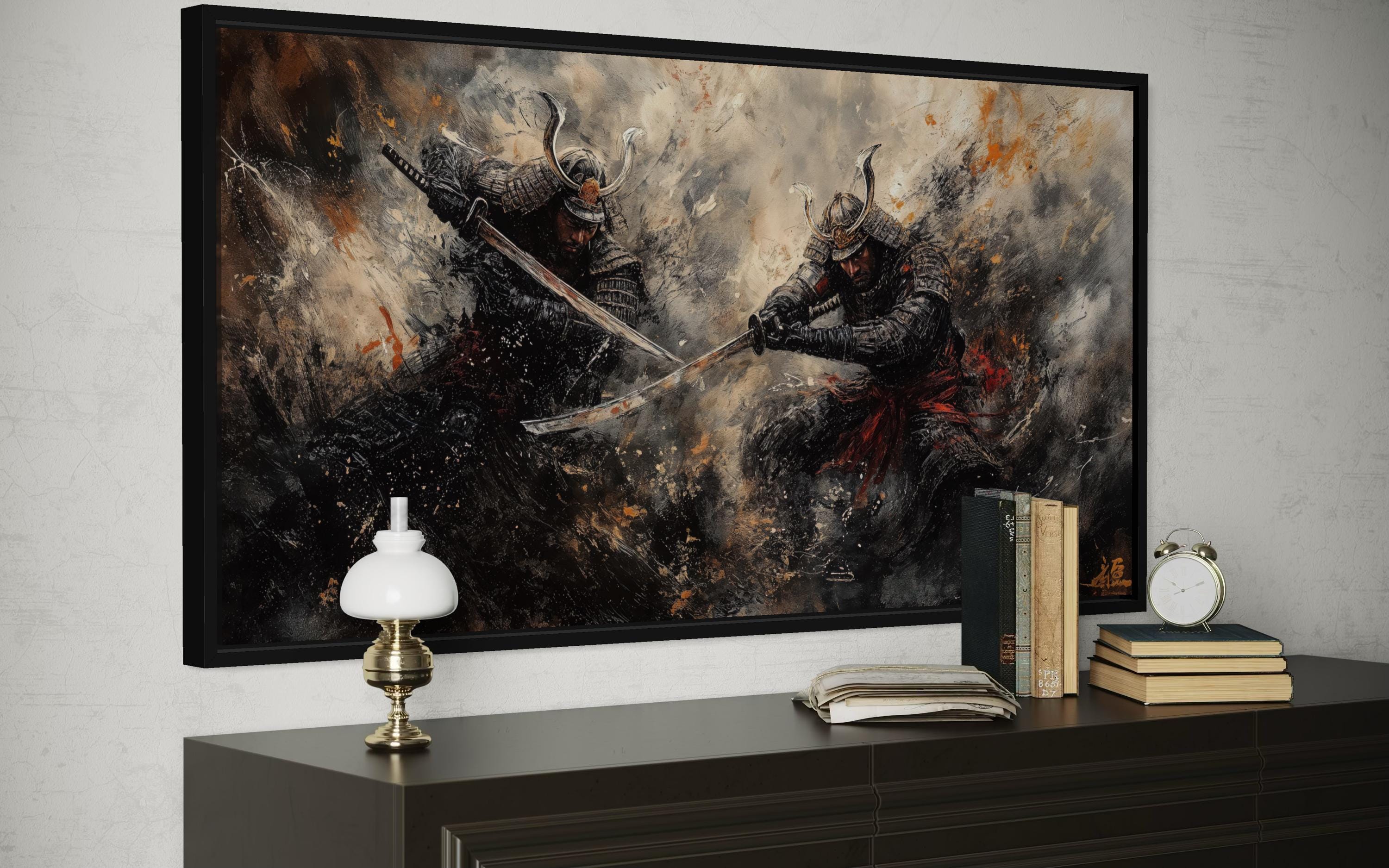Samurai Duel Wall Art - Japanese Warrior Canvas with Dark Dramatic Battle Scene