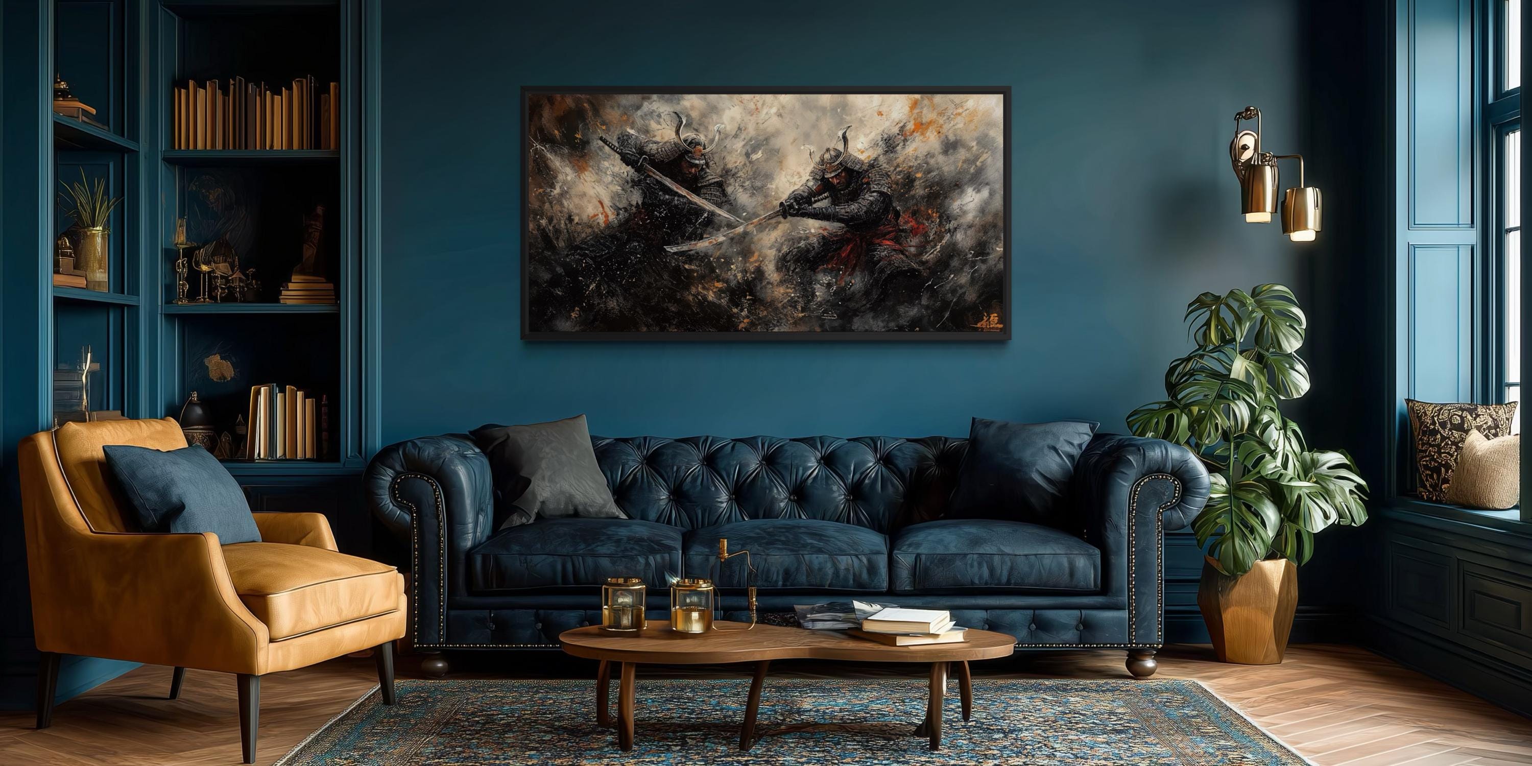 Samurai Duel Wall Art - Japanese Warrior Canvas with Dark Dramatic Battle Scene