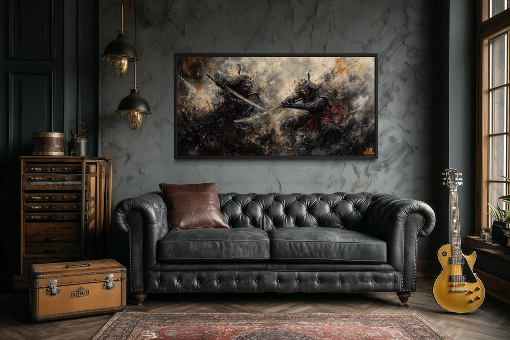 Samurai Duel Wall Art - Japanese Warrior Canvas with Dark Dramatic Battle Scene