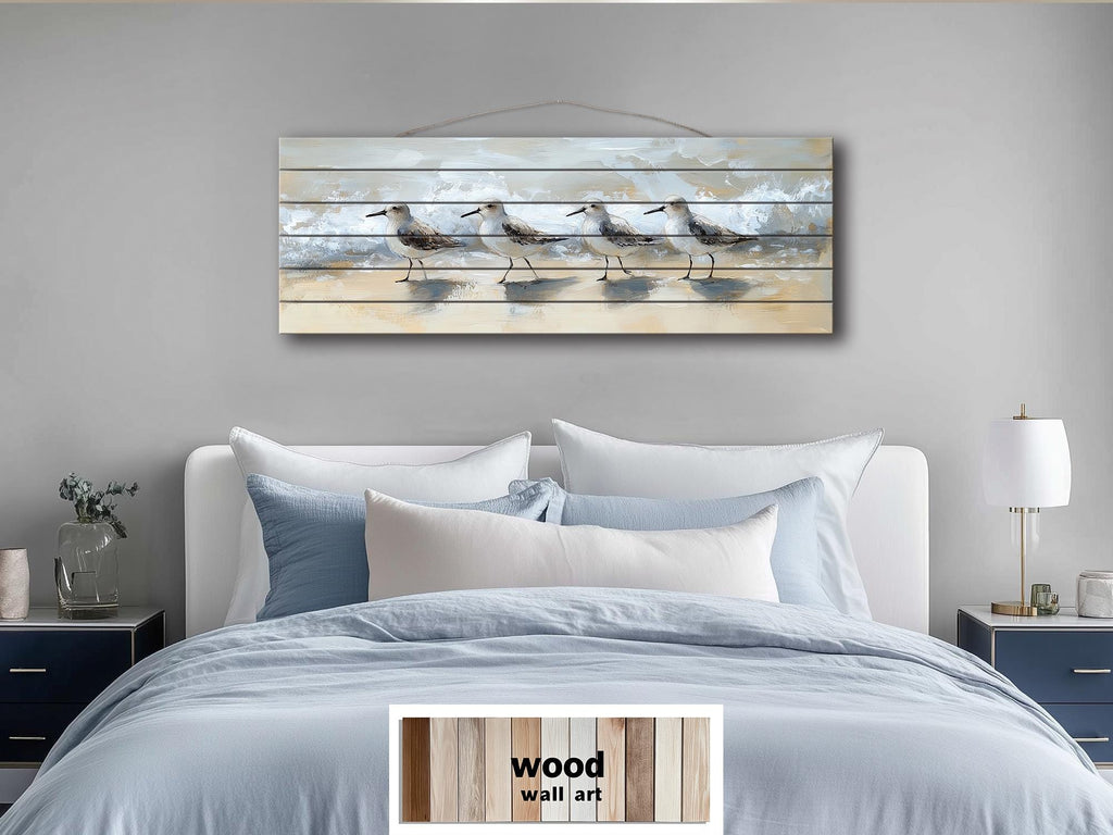 Sandpipers Walking On Beach Real Long Horizontal Coastal Wood Wall Art