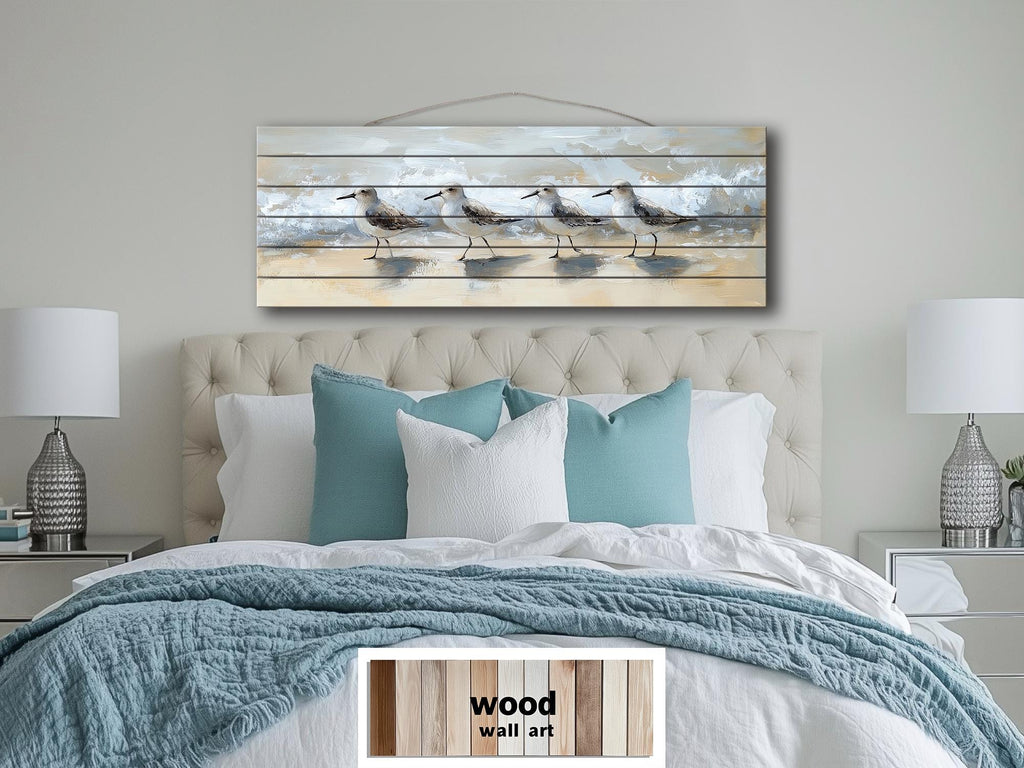 Sandpipers Walking On Beach Real Long Horizontal Coastal Wood Wall Art
