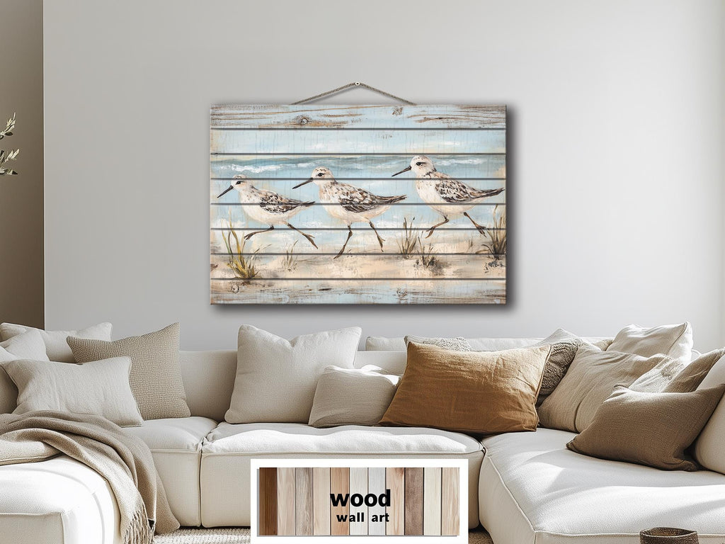 Sandpipers Walking On Beach Rustic Wood Wall Art
