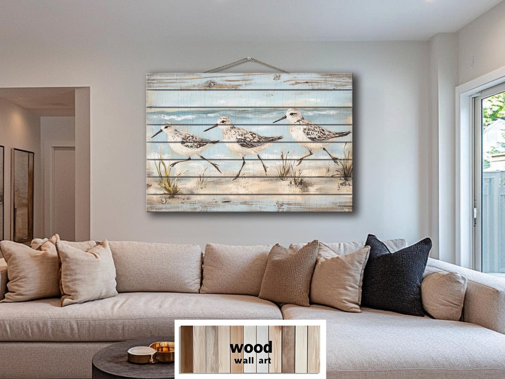 Sandpipers Walking On Beach Rustic Wood Wall Art