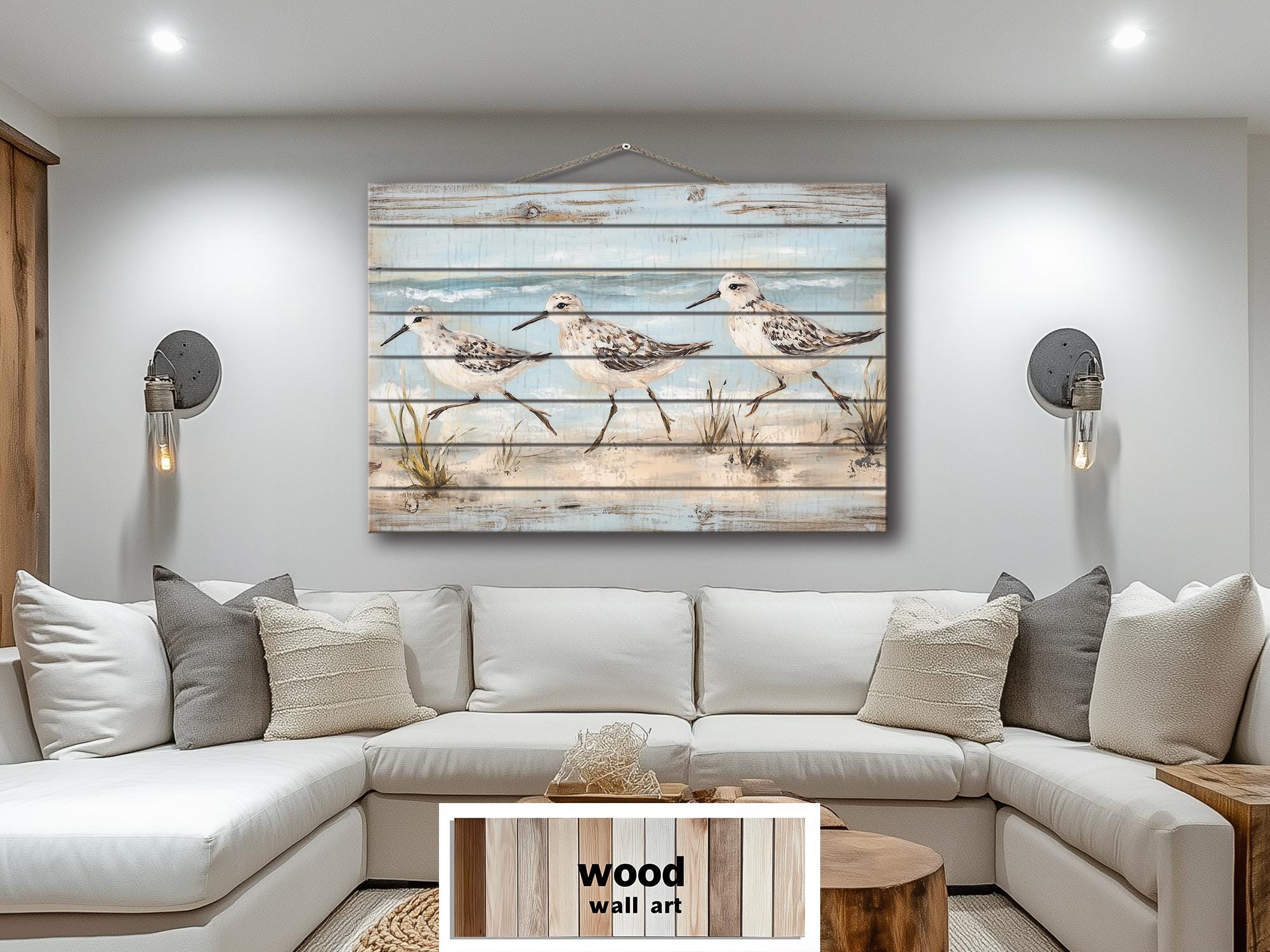 Sandpipers Walking On Beach Rustic Wood Wall Art