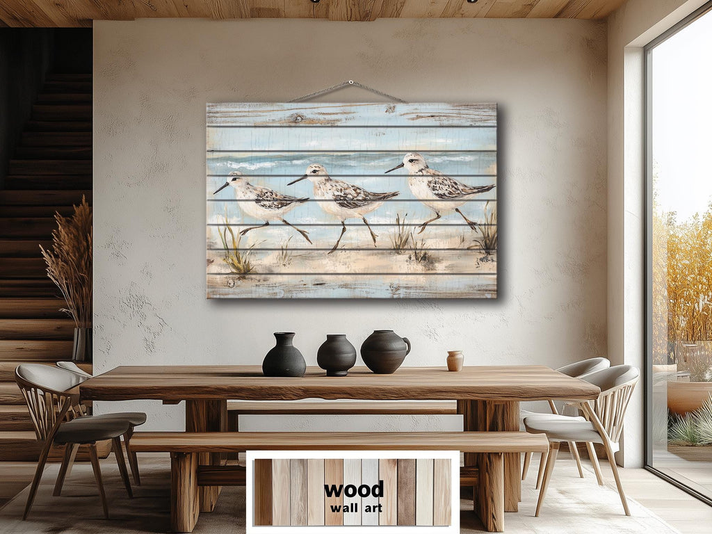 Sandpipers Walking On Beach Rustic Wood Wall Art
