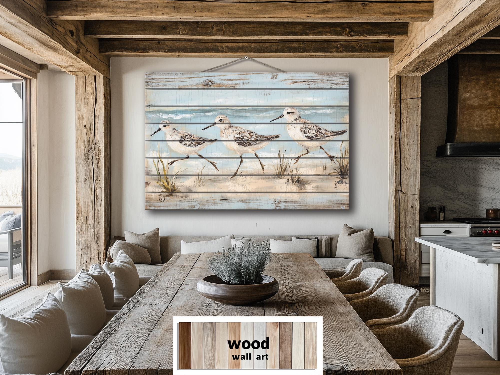 Sandpipers Walking On Beach Rustic Wood Wall Art