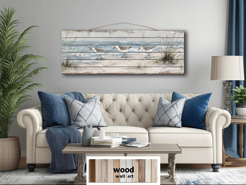 Sandpipers on the Beach Long Narrow Wood Wall Art For Beach House Decor