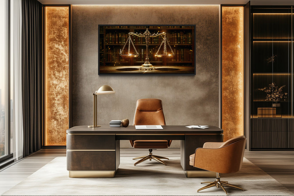 Scales Of Justice Wall Art – Framed Canvas Print For Law Office Decor