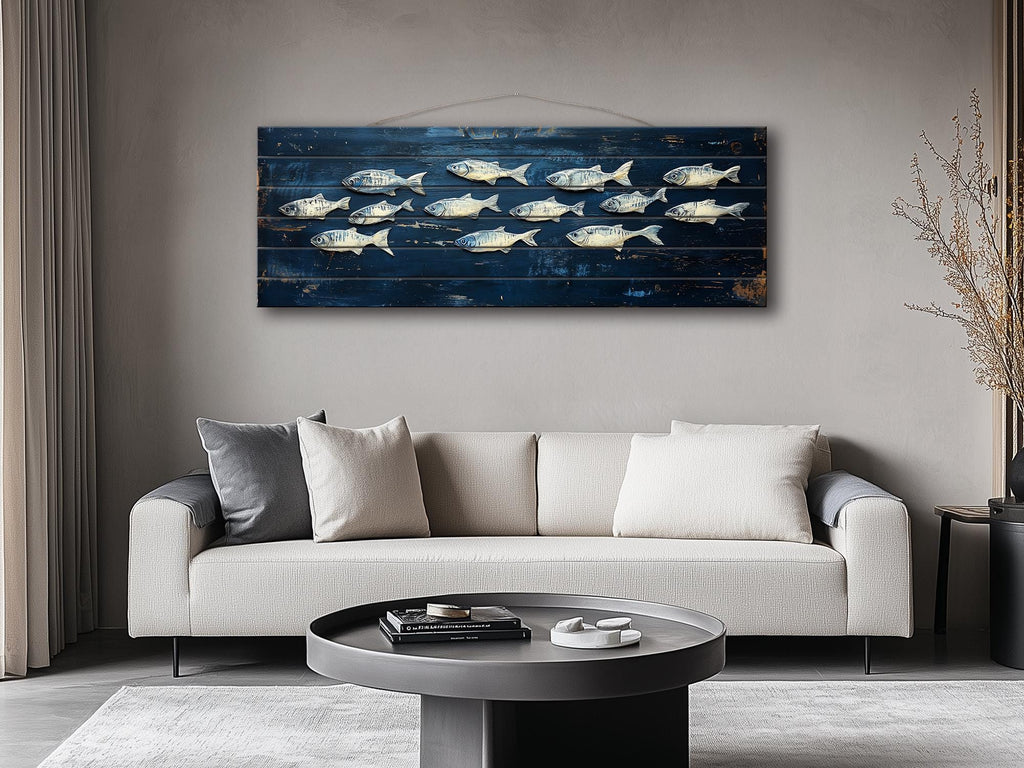 School of Fish Nautical Long Narrow Distressed Wood Wall Art
