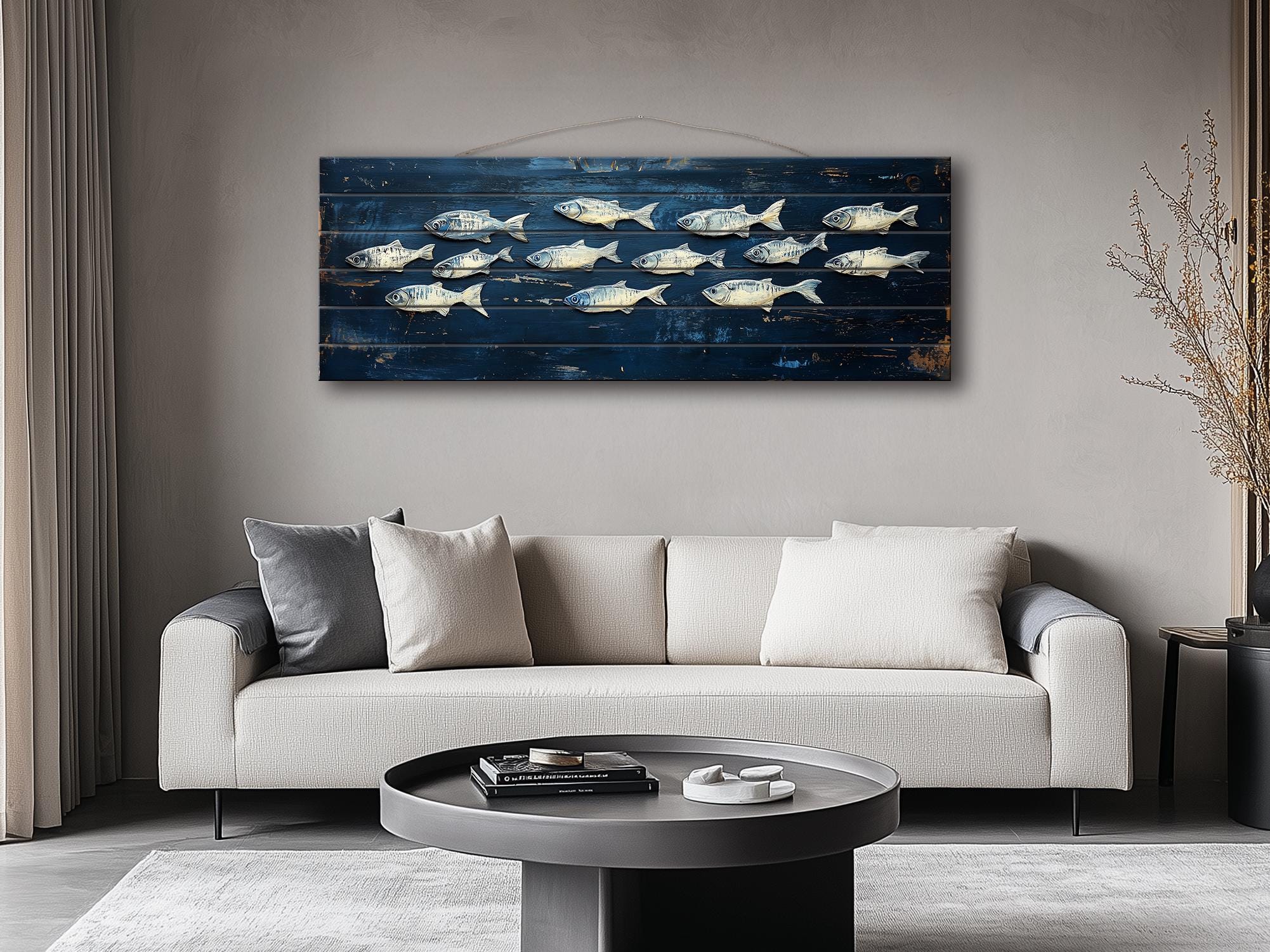School of Fish Nautical Long Narrow Distressed Wood Wall Art