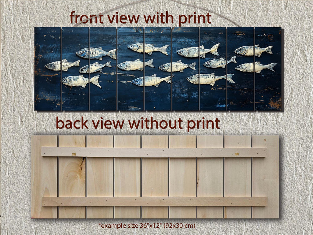 School of Fish Nautical Long Narrow Distressed Wood Wall Art