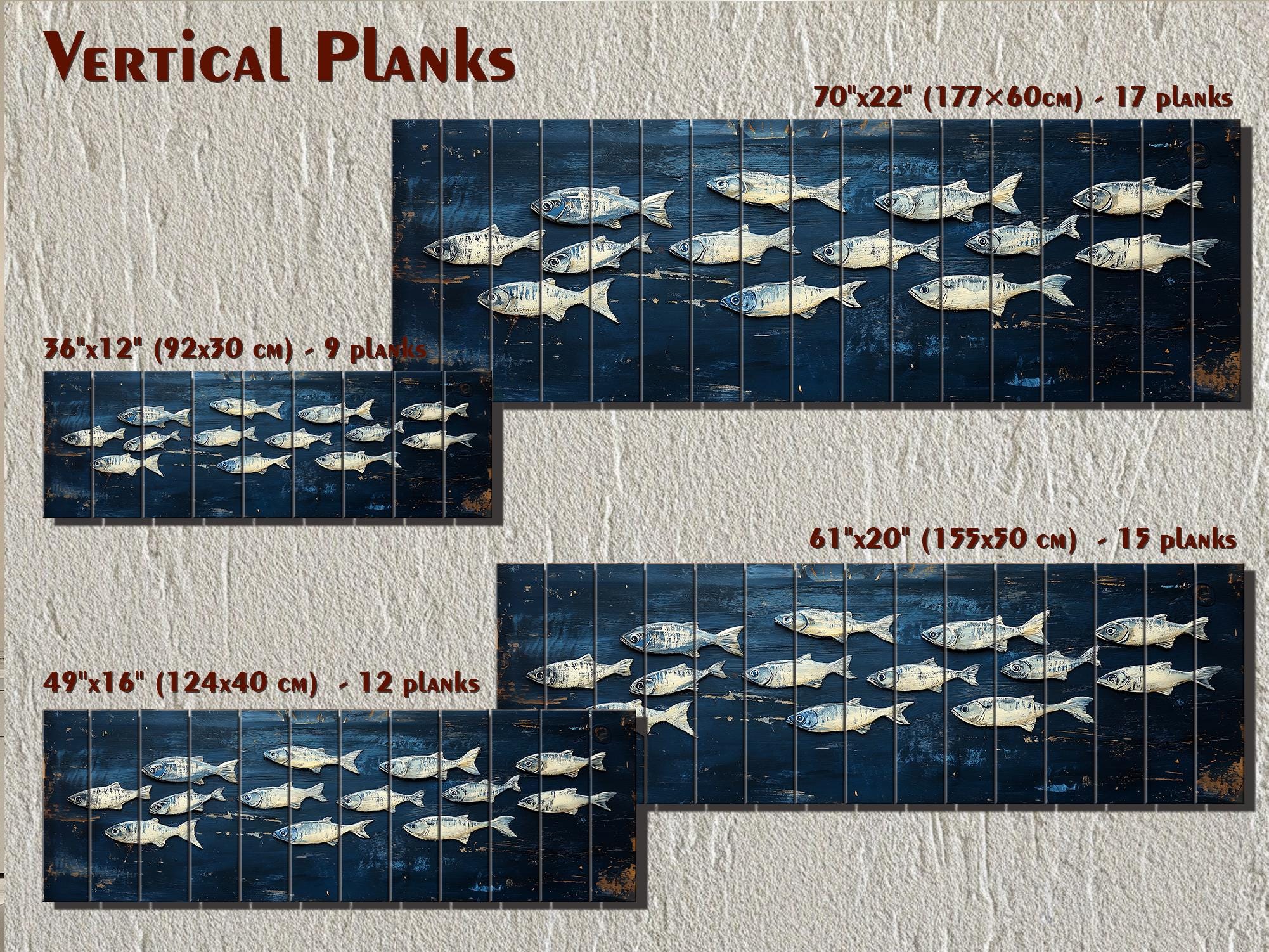 School of Fish Nautical Long Narrow Distressed Wood Wall Art