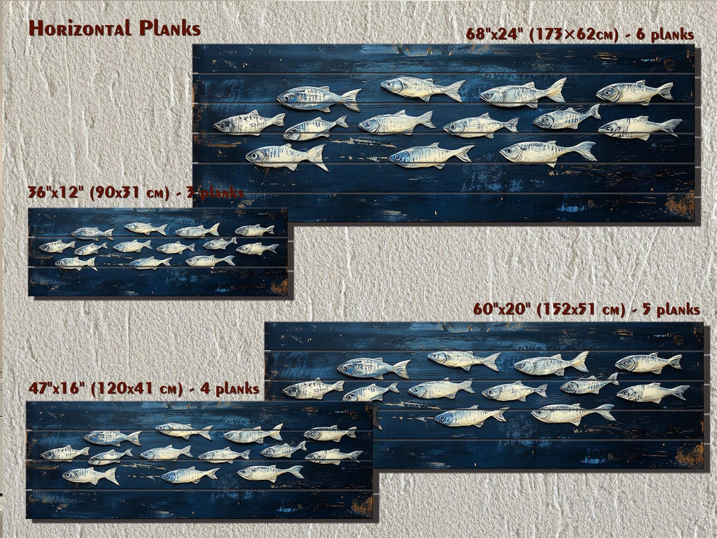 School of Fish Nautical Long Narrow Distressed Wood Wall Art