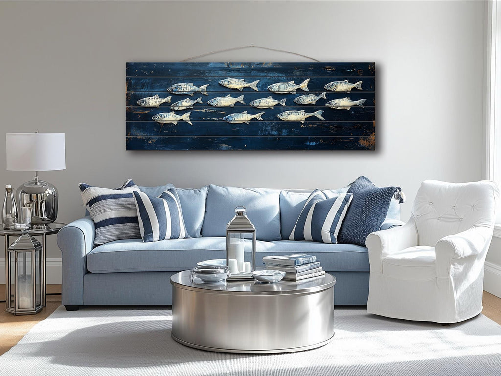 School of Fish Nautical Long Narrow Distressed Wood Wall Art