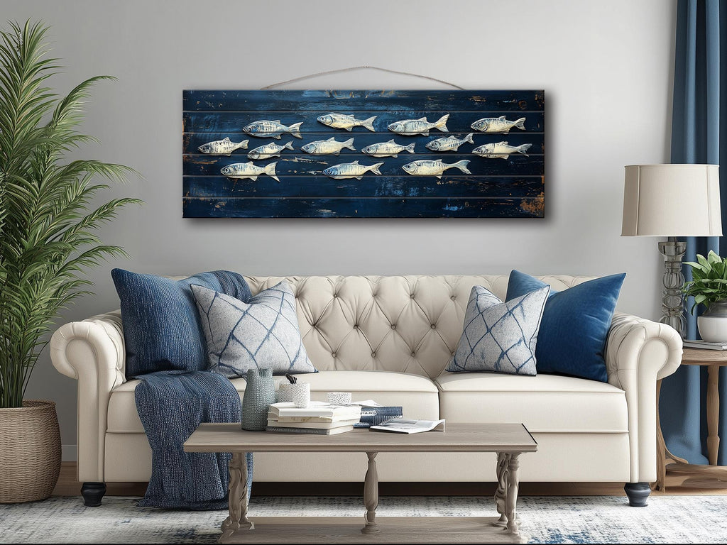 School of Fish Nautical Long Narrow Distressed Wood Wall Art