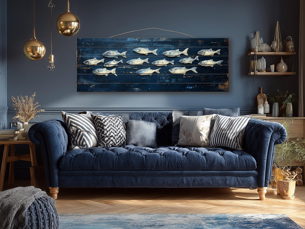 School of Fish Nautical Long Narrow Distressed Wood Wall Art