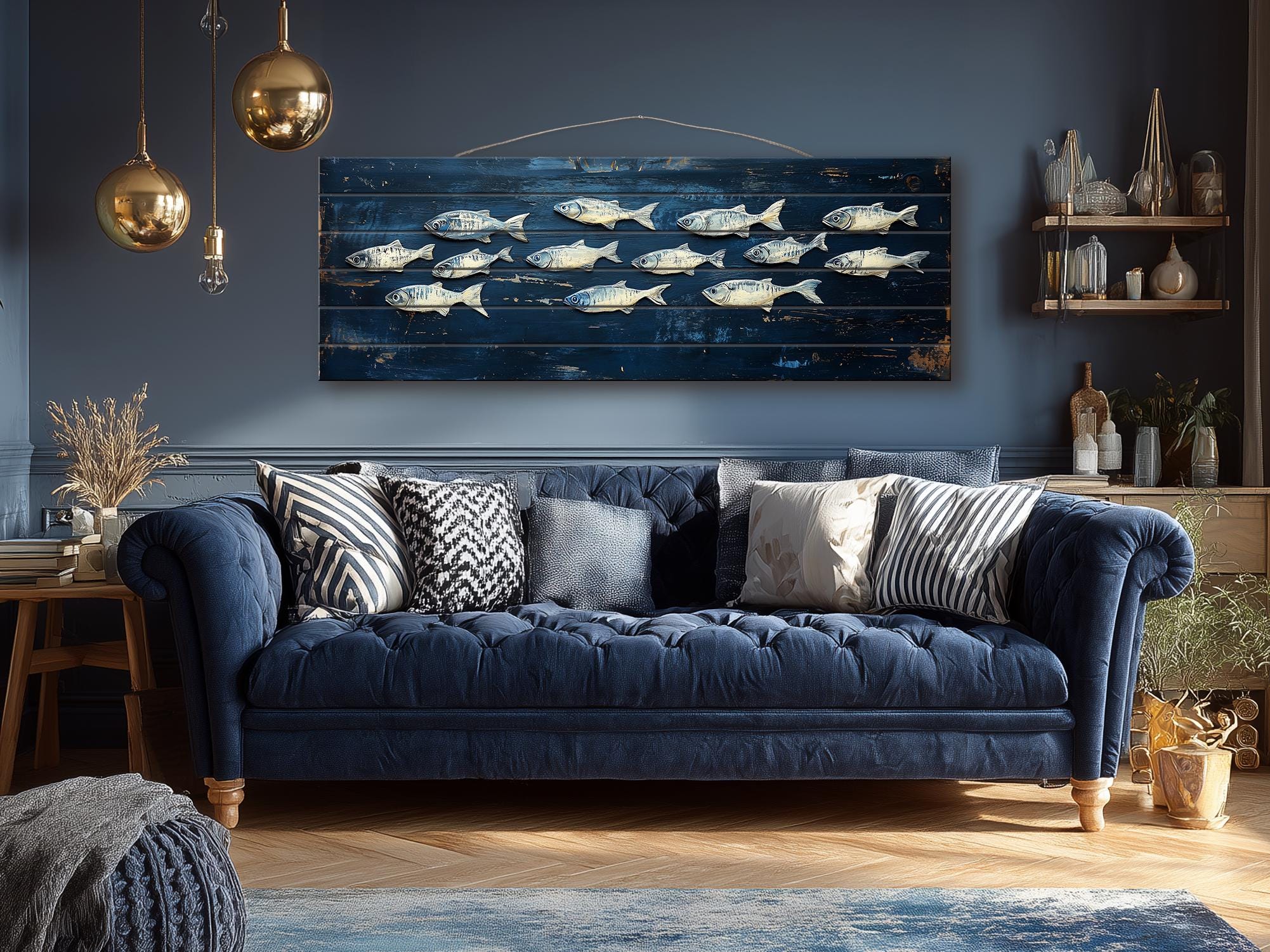 School of Fish Nautical Long Narrow Distressed Wood Wall Art