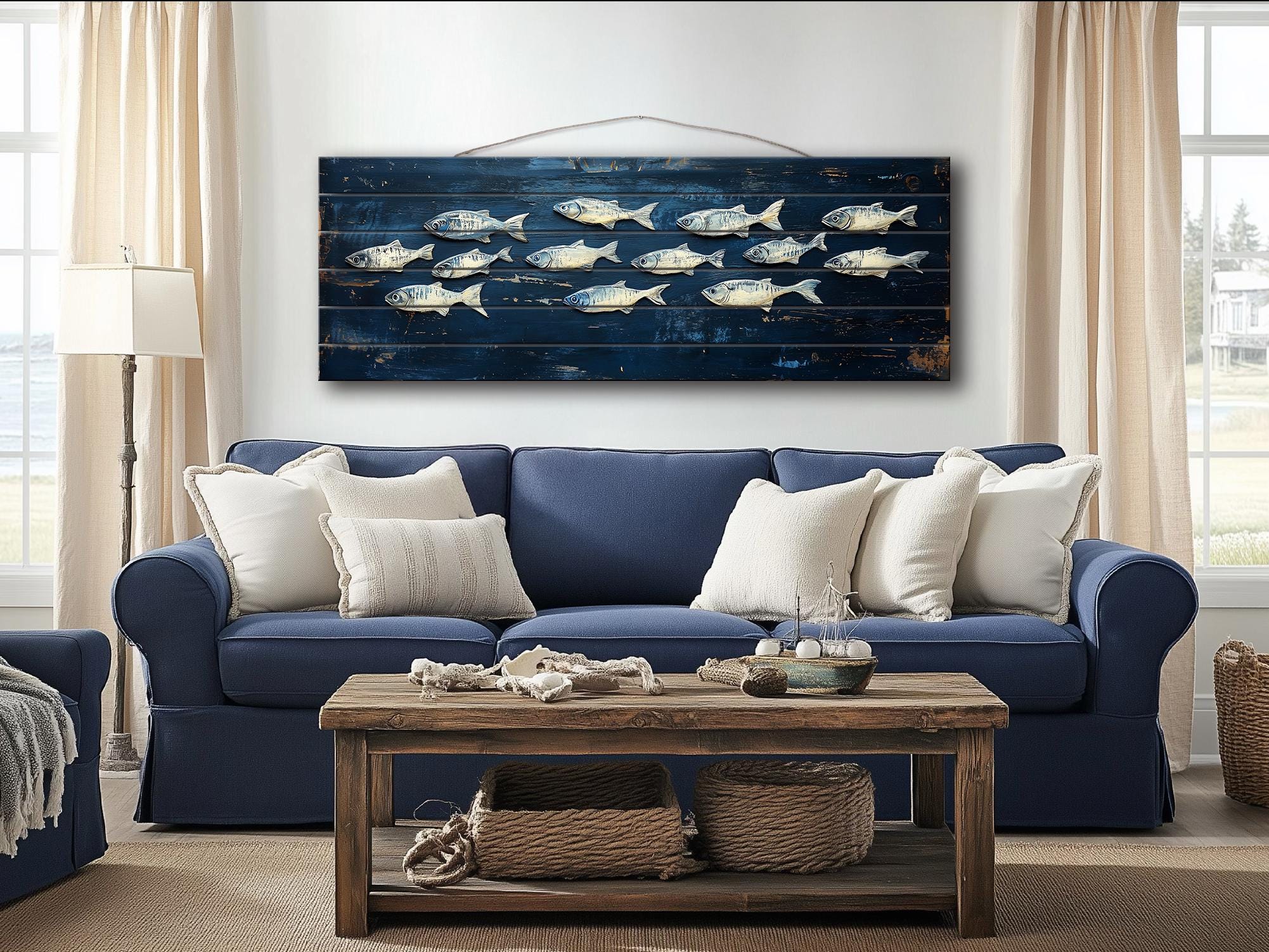 School of Fish Nautical Long Narrow Distressed Wood Wall Art