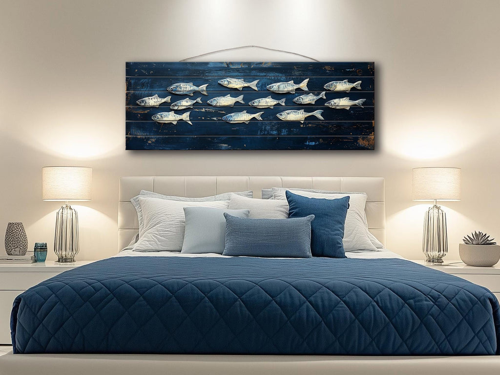 School of Fish Nautical Long Narrow Distressed Wood Wall Art