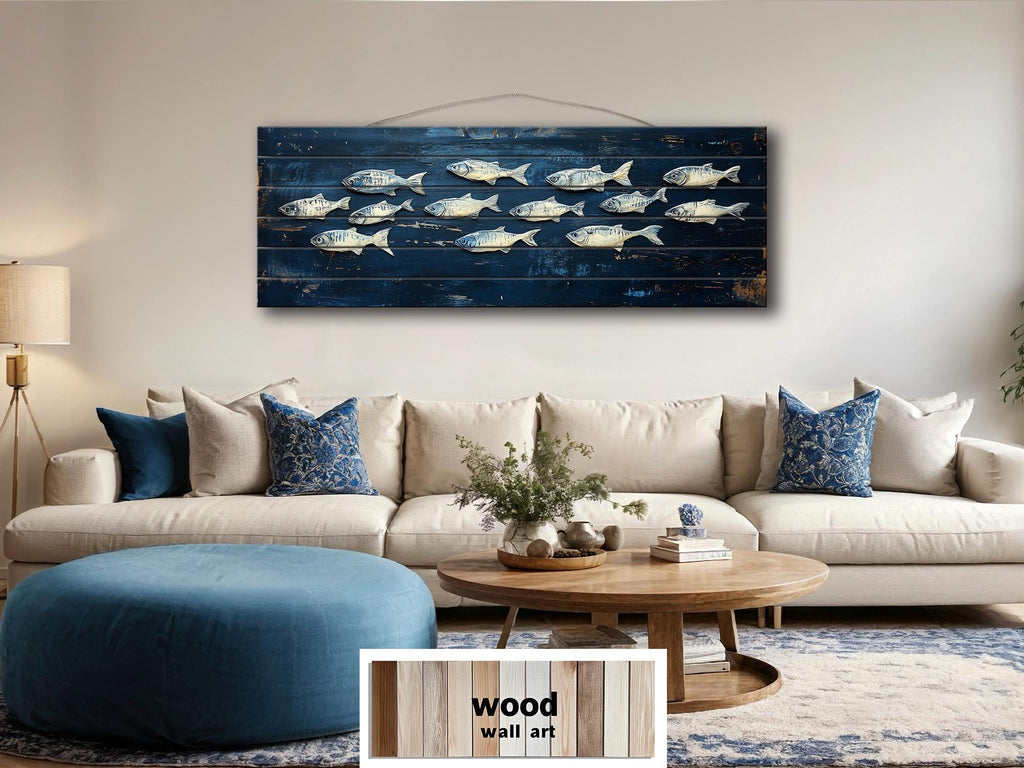 School of Fish Nautical Long Narrow Distressed Wood Wall Art