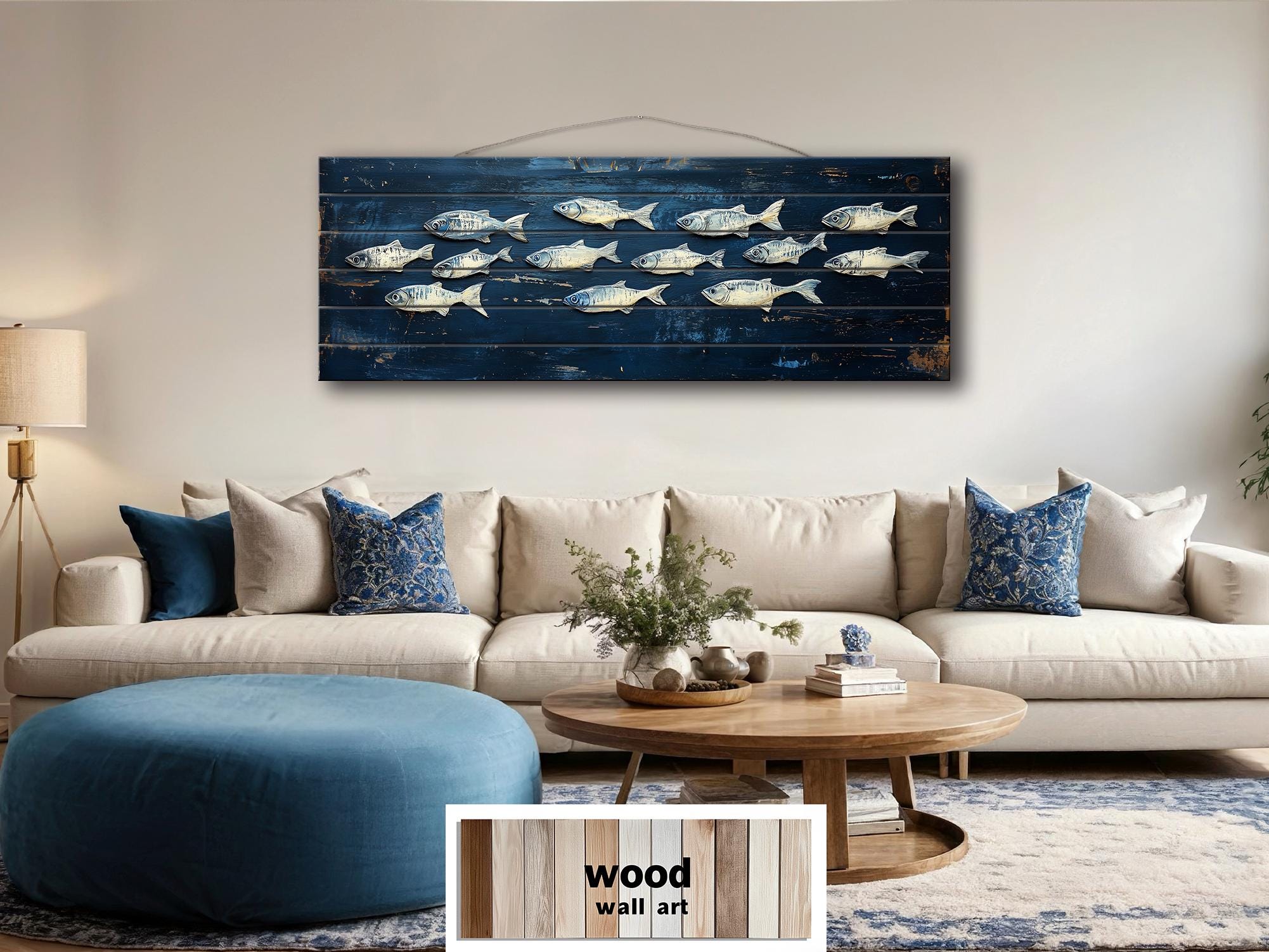 School of Fish Nautical Long Narrow Distressed Wood Wall Art