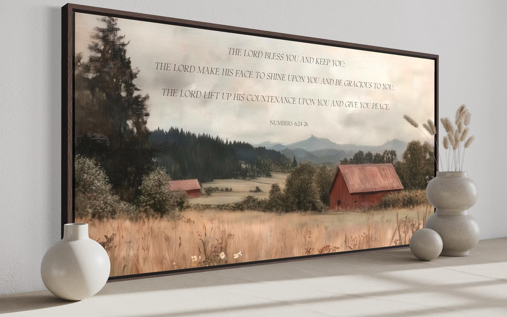 Scripture Wall Art The Lord Bless You And Keep, Numbers 6:24-26 Bible Verse Landscape With Red Barn