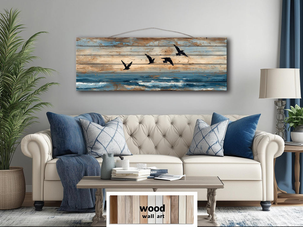 Sea Birds Over Ocean Distressed Horizontal Coastal Wood Wall Art