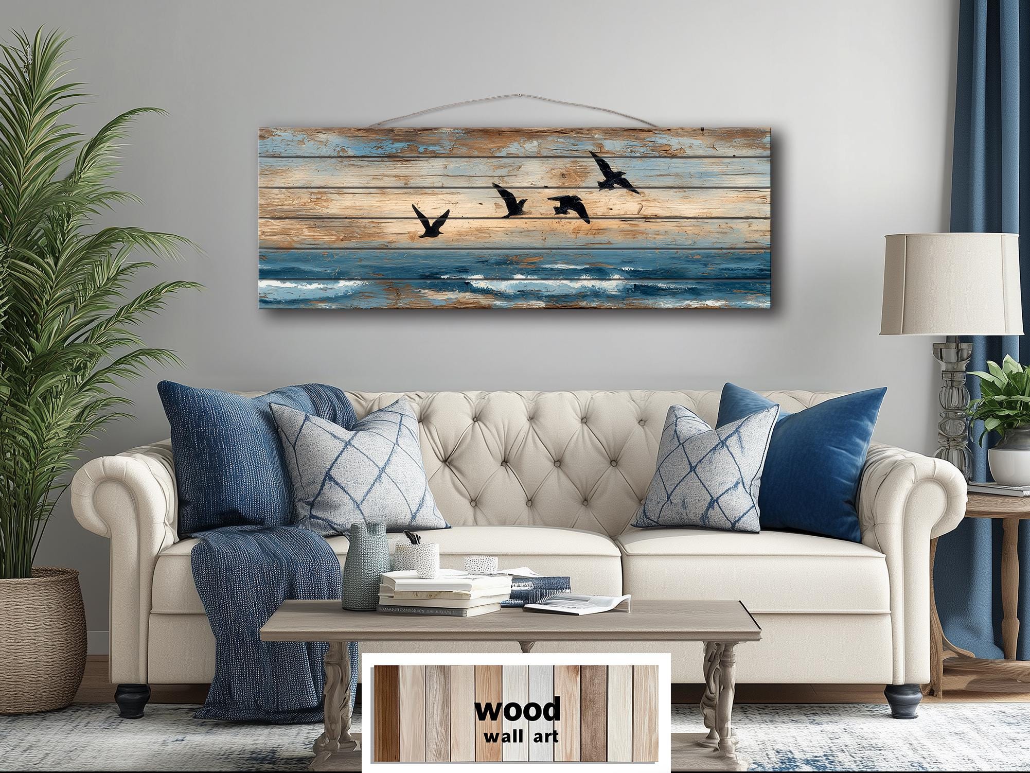 Sea Birds Over Ocean Distressed Horizontal Coastal Wood Wall Art