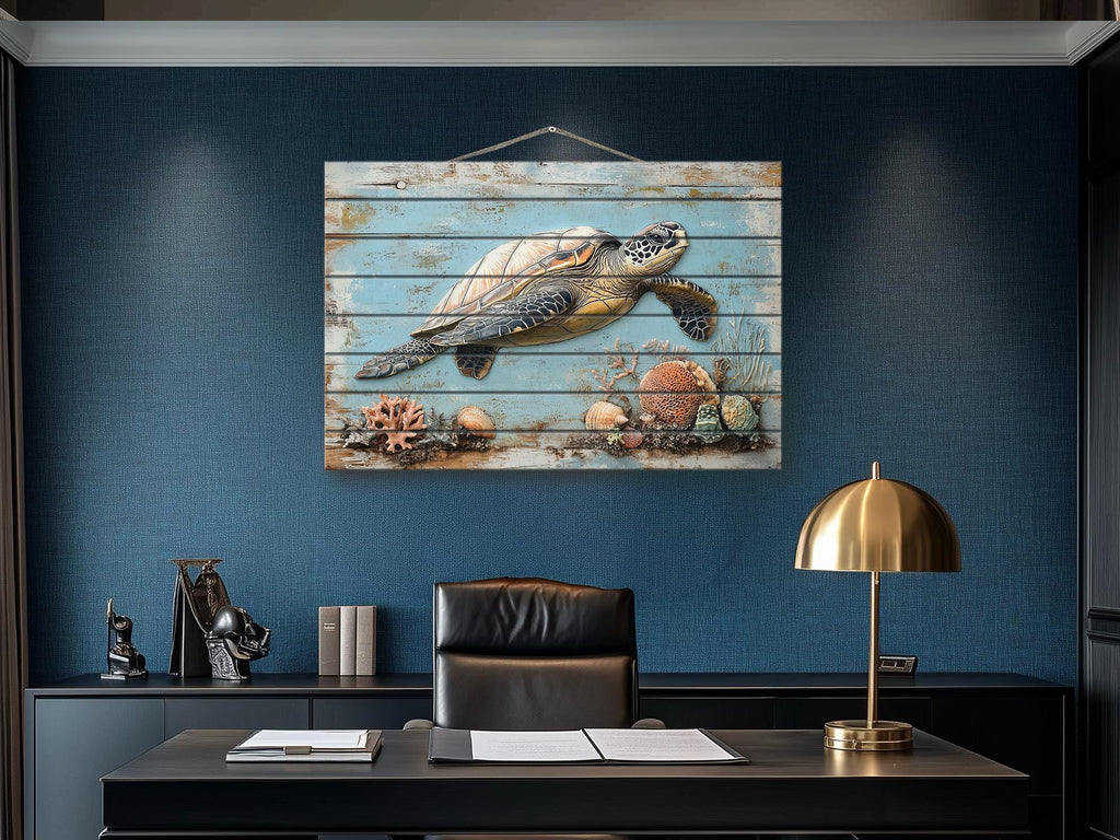 Sea Turtle Coastal Wall Art On Real Wood for Beach House Decor
